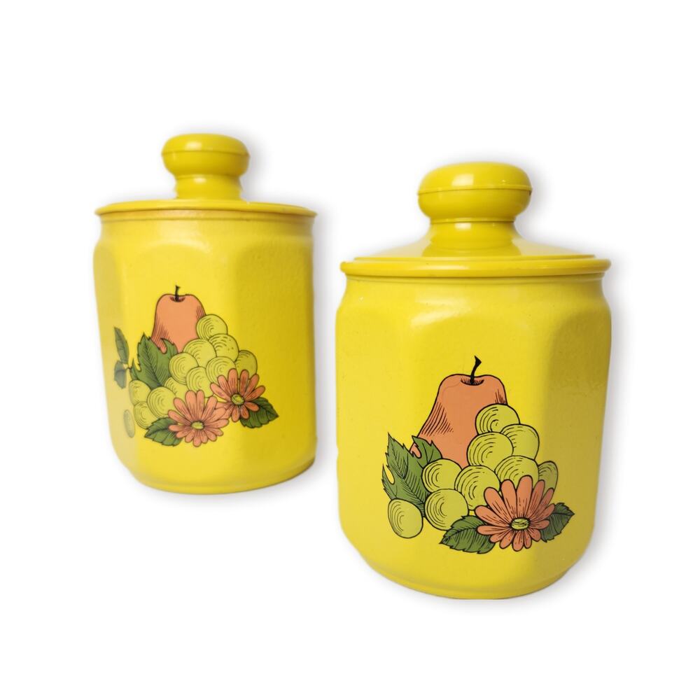 Kromex 70s Canisters Yellow Metal Fruit Flower MCM Retro Orange